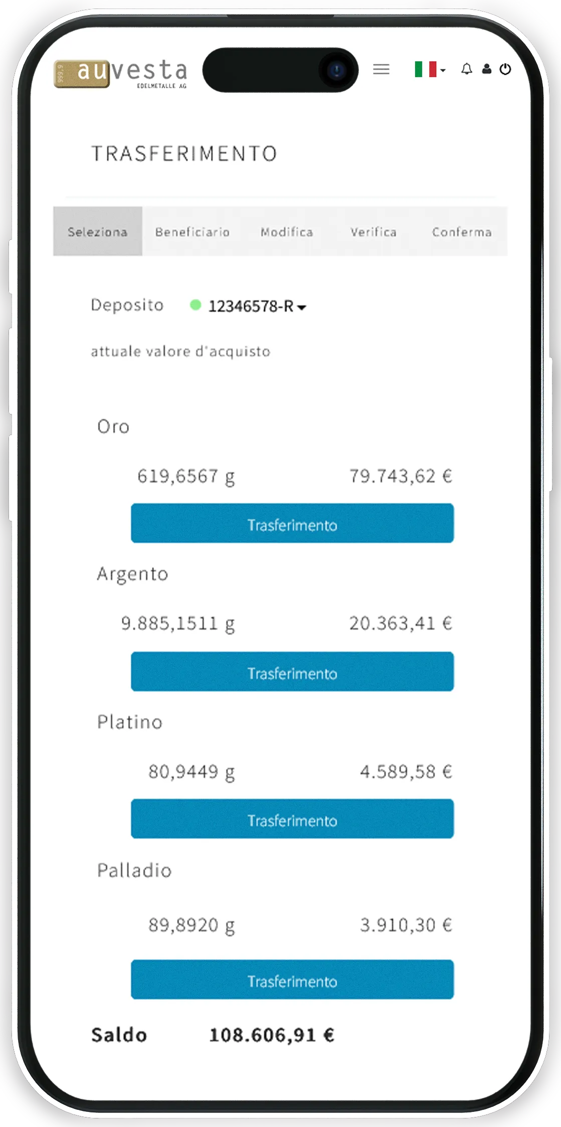 Trasferimento - Invii e riceva oro online senza spese.